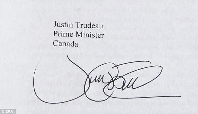 Chữ ký của thủ tướng Canada Justin Trudeau